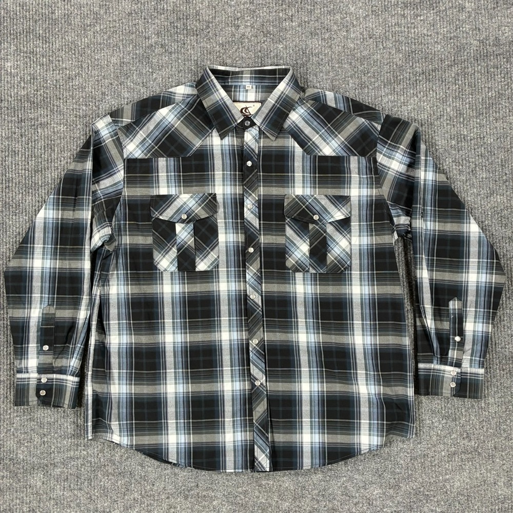 Coevals Club Men's XXL Plaid Western Pearl Snap Shirt Black Gray Long Sleeve